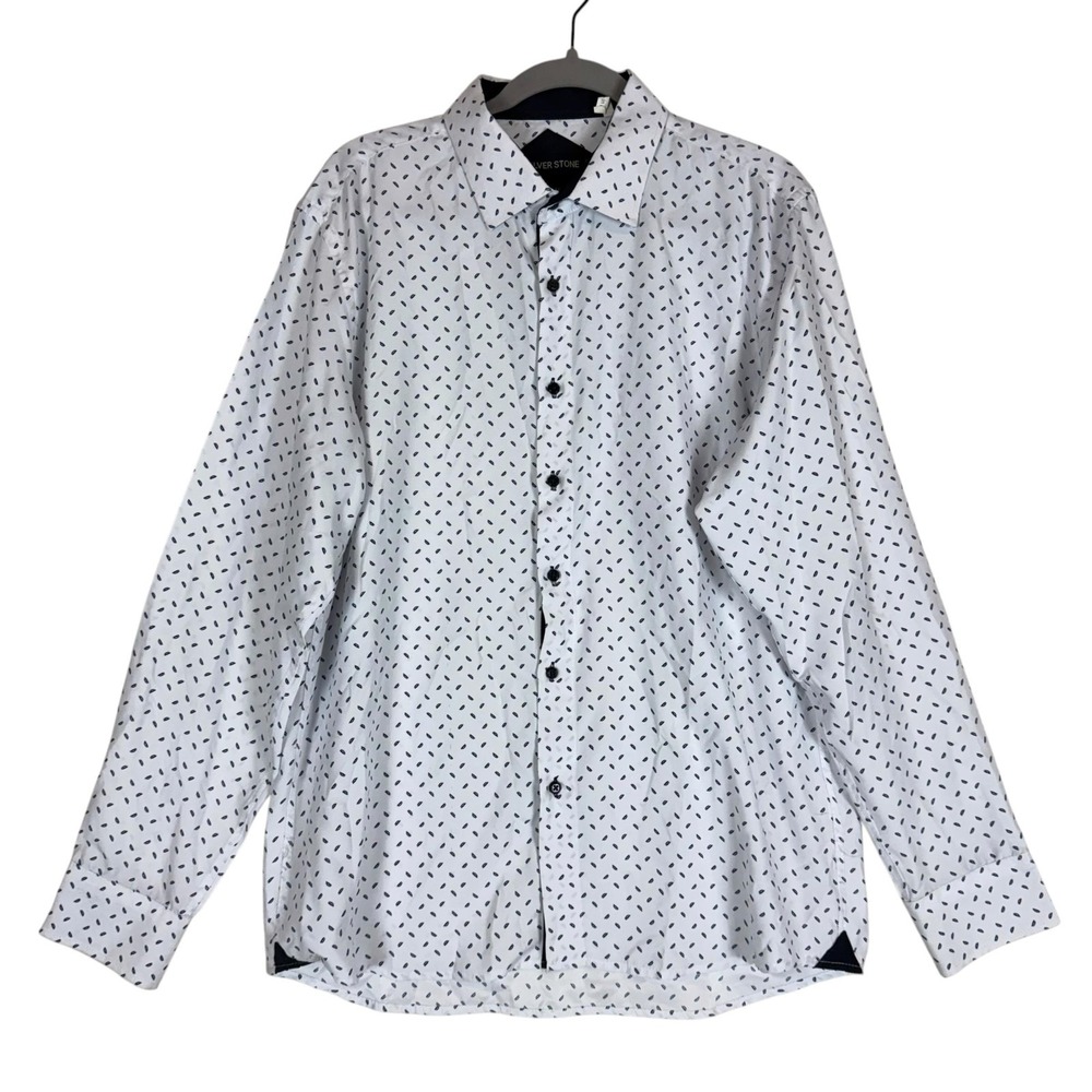 Silver Stone Dress Shirt Mens L White Geometric Regular Fit Long Sleeve Casual